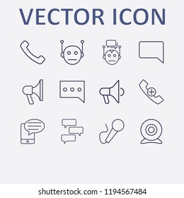 Outline 12 communicate icon set. chat, chat bot, handset add, handset, bubble chat and megaphone vector illustration