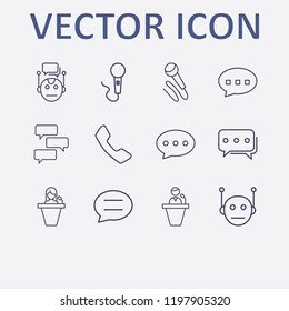 Outline 12 communicate icon set. handset, bubble chat, bot, microphone, speaker human and chat bot vector illustration