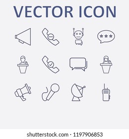 Outline 12 communicate icon set. bot, walkie talkie, speaker human, megaphone, bubble chat and handset check vector illustration