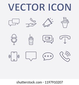 Outline 12 communicate icon set. walkie talkie, phone vibrate, hand with handset, speaker human, microphone and megaphone vector illustration