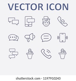 Outline 12 communicate icon set. chat, smartphone bubble chat, bubble chat, phone vibrate, megaphone and handset vector illustration