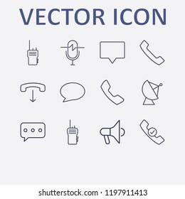 Outline 12 communicate icon set. handset, chat, handset down, walkie talkie, handset check and bubble chat vector illustration