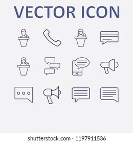 Outline 12 communicate icon set. chat, megaphone, credit card chat, smartphone bubble chat, handset and speaker human vector illustration