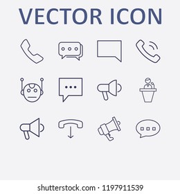 Outline 12 communicate icon set. bot, chat, handset down, handset, megaphone and bubble chat vector illustration