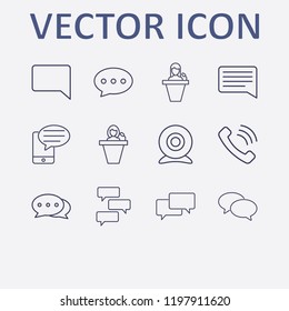 Outline 12 communicate icon set. handset, speaker human, bubble chat, web camera, smartphone bubble chat and chat bubble vector illustration