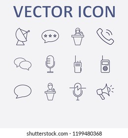 Outline 12 communicate icon set. handset, megaphone, speaker human, bubble chat, microphone and satellite antenna vector illustration