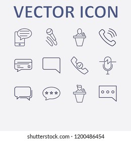 Outline 12 communicate icon set. handset, handset check, chat, smartphone bubble chat, microphone and credit card chat vector illustration