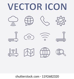Outline 12 connect icon set. cloud upload, wifi, gear check, globe search, router and handset vector illustration