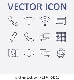 Outline 12 connect icon set. handset down, handset, wifi, map location, cloud download and chat vector illustration