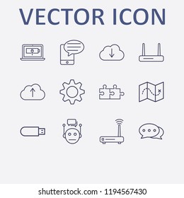 Outline 12 connect icon set. router, chat bubble, map, usb, jigsaw and smartphone bubble chat vector illustration