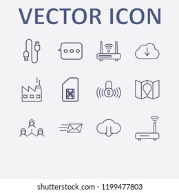 Outline 12 connect icon set. lock signal, factory, send message, usb, map and cloud download vector illustration
