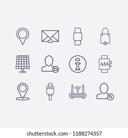 Outline 12 connection icon set. solar battery, search user, location, user folder, information, smart watch, router, cloud message, shopping bag add and usb plug vector illustration