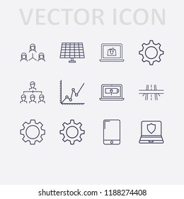 Outline 12 connection icon set. online shopping, laptop shield, smartphone, gear, laptop energy, overpass, analytics, network, corporate organization and solar battery vector illustration