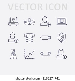 Outline 12 connection icon set. user shield, add user, usb, distance, online book reading, lock signal, upload user, home phone, user play, organization, analytics and router vector illustration