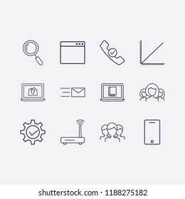 Outline 12 connection icon set. analytics, group human, online book reading, gear check, browser, smartphone, router, send message, group, handset check, search and online shopping vector illustration