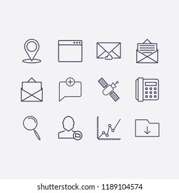 Outline 12 connection icon set. location, message, home phone, satellite, cloud message, add chat, analytics, browser, download folder, user folder and search vector illustration