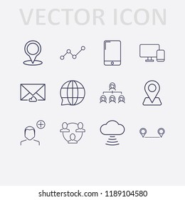 Outline 12 connection icon set. networking, cloud message, analytics, add user, distance, smartphone, cloud signal, monitor phone, organization, globe chat and location vector illustration