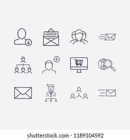 Outline 12 connection icon set. download user, online shop, add user, organization, corporate organization, network, globe search, send message, group human and message vector illustration