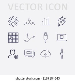 Outline 12 connection icon set. gear check, network, distance, usb plug, user folder, online book reading, cloud upload, smart watch, map location, analytics, plug and video chat vector illustration