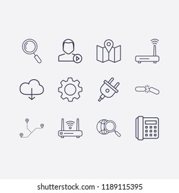Outline 12 connection icon set. plug, distance, search, user play, gear, router, home phone, broken chain, globe search, cloud download and map location vector illustration
