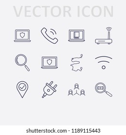 Outline 12 connection icon set. search, location check, search money, online book reading, handset, plug, router, laptop shield, distance, wifi and network vector illustration