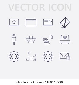 Outline 12 connection icon set. router, mail setting, usb plug, solar battery, browser, distance, overpass, message, gear, laptop shield and laptop with analytic vector illustration