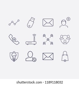 Outline 12 connection icon set. shopping bag add, router, usb, user refresh, analytics, add user, networking, mail, message, network, user shield and handset add vector illustration