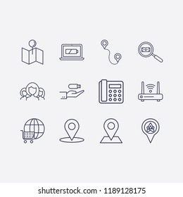 Outline 12 connection icon set. hand in usb, location, laptop energy, router, search money, distance, map location, group human, home phone and online shopping vector illustration