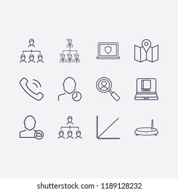 Outline 12 connection icon set. search user, router, online book reading, user folder, corporate organization, handset, laptop shield, analytics, user clock and organization vector illustration