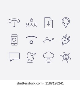 Outline 12 connection icon set. satellite antenna, network bitcoin, handset down, wifi, plug, smartphone with shield, network, message, , analytics, download document and cloud signal vector illustrat