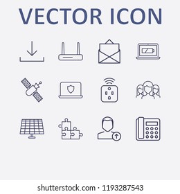 Outline 12 connection icon set. download, upload user, jigsaw, laptop shield, group and smart plug vector illustration
