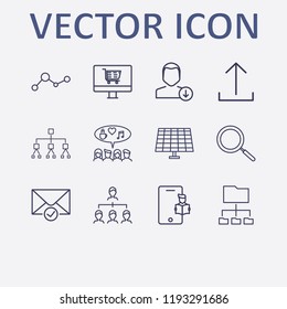 Outline 12 connection icon set. download user, analytics, search, corporate organization, solar battery and online shop vector illustration