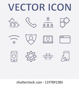 Outline 12 connection icon set. jigsaw, overpass, smartphone with shield, hand with phone, user shield and laptop shield vector illustration