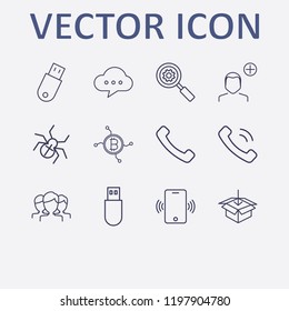 Outline 12 connection icon set. cloud chat, phone vibrate, handset, add user, usb and spider vector illustration