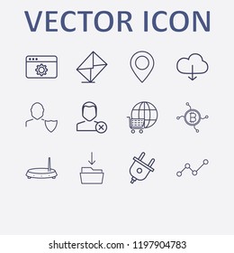Outline 12 connection icon set. router, browser setting, network bitcoin, message, location and download in folder vector illustration