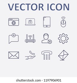Outline 12 connection icon set. gear, home phone, close user, browser setting, wifi mouse and smartphone vector illustration