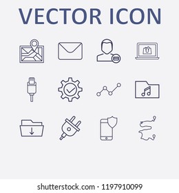 Outline 12 connection icon set. analytics, music folder, distance, gear check, download folder and map location vector illustration