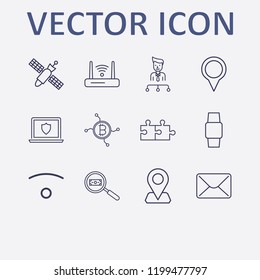 Outline 12 connection icon set. network bitcoin, wifi, satellite, location, organization and jigsaw vector illustration