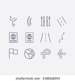 Outline 12 country icon set. distance map, distance, earth, foreign passport, ski sticks, flag and road vector illustration