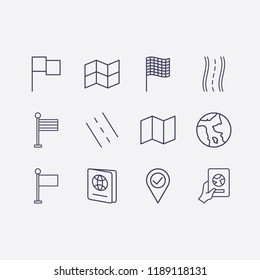Outline 12 country icon set. road, flag, map, foreign passport, location check, foreign passport with hand and earth vector illustration