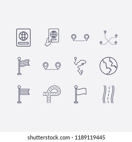 Outline 12 country icon set. flag, distance, road, foreign passport with hand, foreign passport, earth and distance map vector illustration