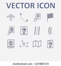 Outline 12 country icon set. map, road, foreign passport, flag, distance and foreign passport with hand vector illustration