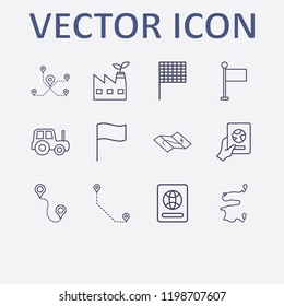 Outline 12 country icon set. eco factory, foreign passport, foreign passport with hand, flag, map and distance vector illustration