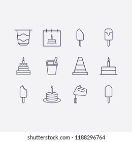 Outline 12 cream icon set. cone, ice cream, hand mixer, birthday cake, calendar with birthday cake and yogurt vector illustration