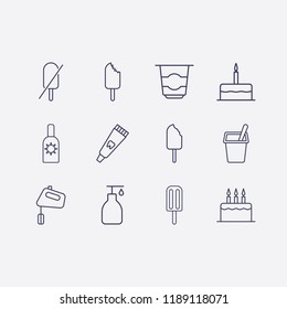 Outline 12 cream icon set. birthday cake, hand mixer, yogurt, forbidden ice cream, cake, sunscreen, liquid soap, ice cream and toothpaste tube vector illustration