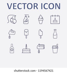 Outline 12 cream icon set. hand mixer, sunscreen, milk bottle, hygiene face mask, yogurt and birthday cake vector illustration