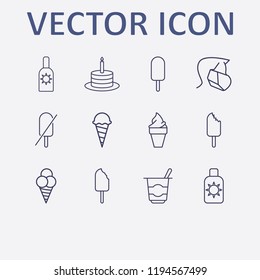Outline 12 cream icon set. yogurt, forbidden ice cream, birthday cake, sunscreen, ice cream and hygiene face mask vector illustration