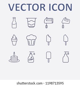 Outline 12 cream icon set. hand mixer, liquid soap, birthday cake, cake, milk bottle and ice cream vector illustration