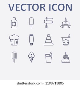 Outline 12 cream icon set. cone, tube cream, cake, yogurt, hand mixer and birthday cake vector illustration