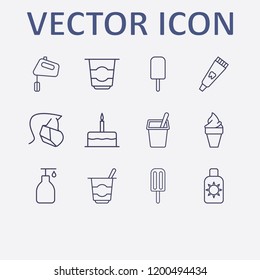 Outline 12 cream icon set. toothpaste tube, yogurt, liquid soap, sunscreen, ice cream and hand mixer vector illustration